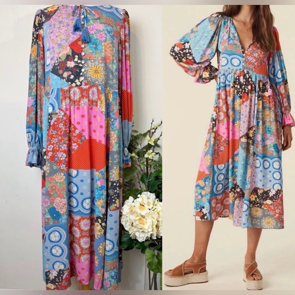 Spell & The Gypsy Cha Cha Boho Midi Dress Size Medium Patchwork Floral